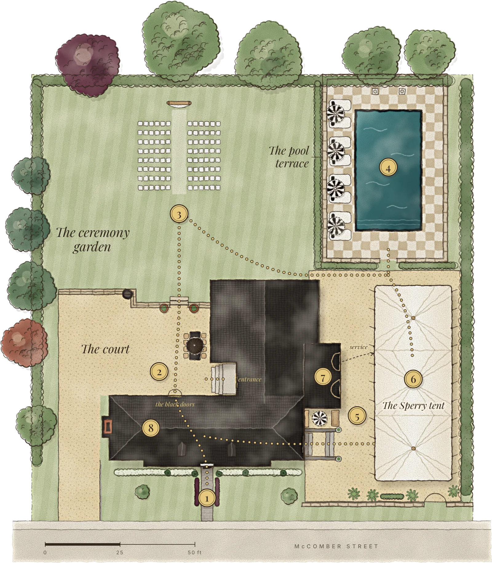 Illustrated plan of the Manoir Blackswan estate: ceremony garden, court, Manoir, pool and Sperry tent